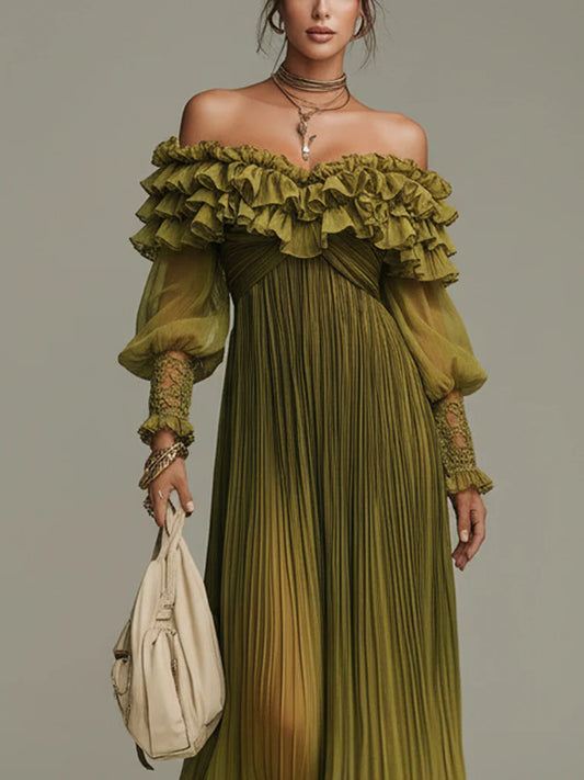 Olive Pleated Off Shoulder Chiffon Maxi Dress