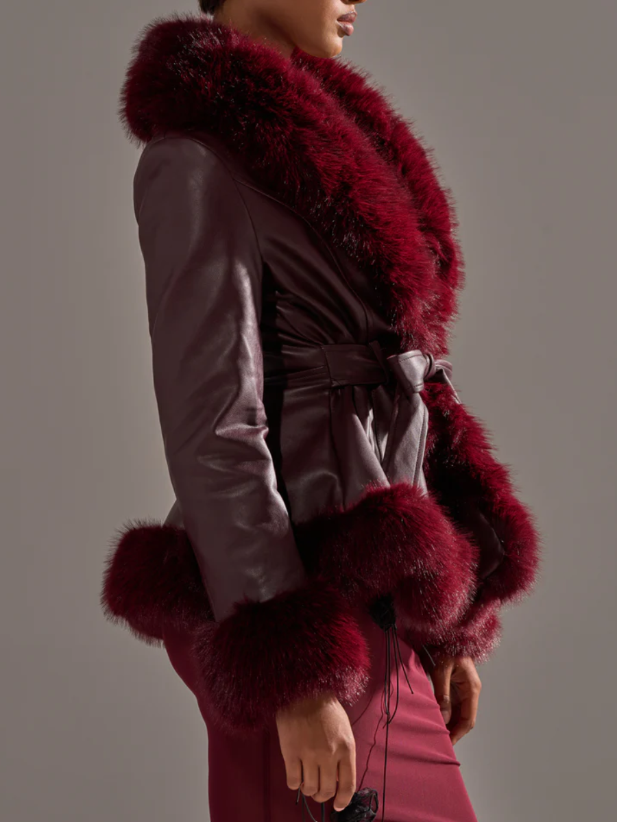 Burgundy Faux Fur Trim Moto Jacket