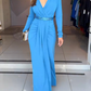 Elegant Azure Deep V-Neck Long Sleeve Evening Gown