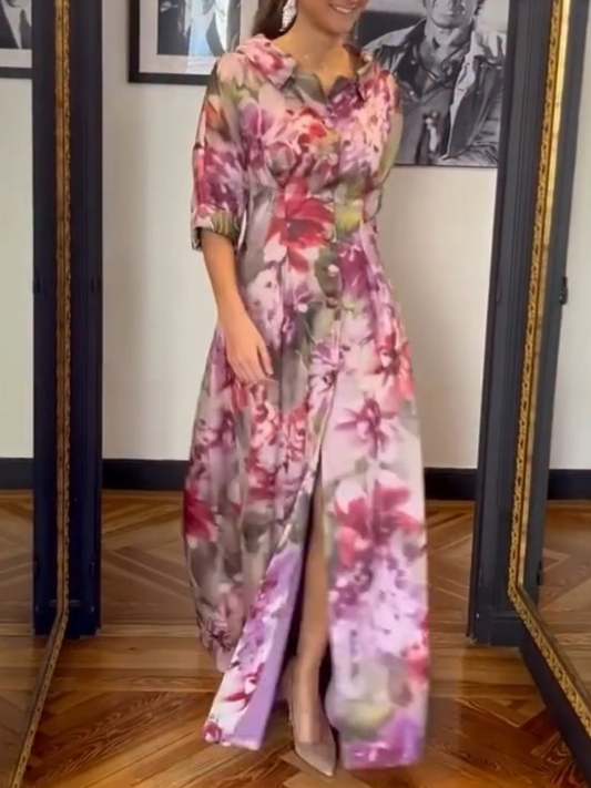 Elegant Watercolor Floral 3/4 Sleeve Maxi Dress