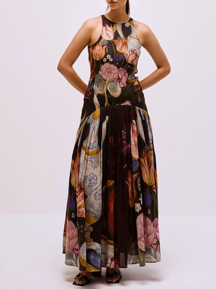 Exquisite Botanical Print Sleeveless Pleated Maxi Dress