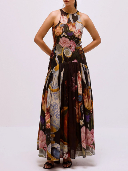 Exquisite Botanical Print Sleeveless Pleated Maxi Dress