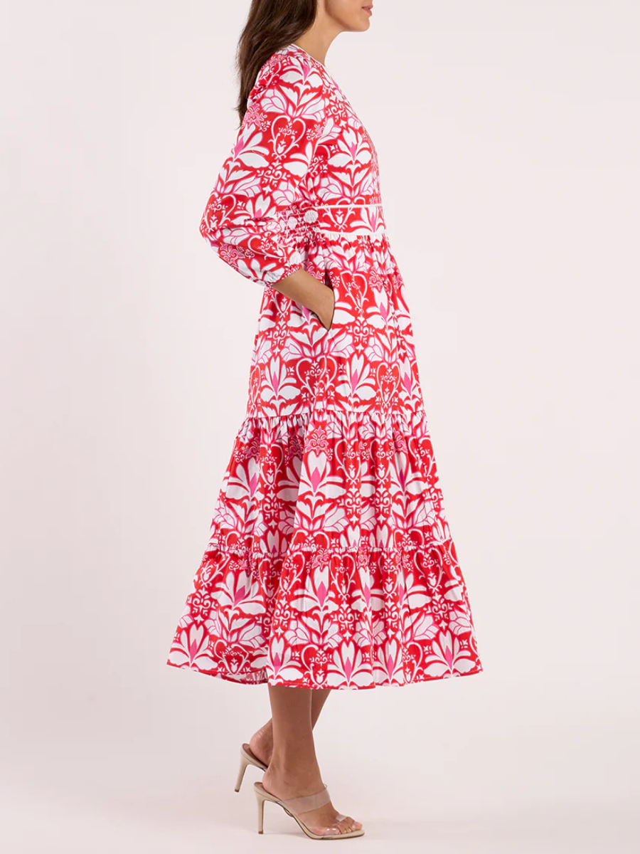 Breathable Tiered Stretch Poplin Long Sleeve Dress