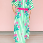 V-Neck Half Sleeve Striped Floral Print Belted Dress