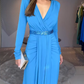 Elegant Azure Deep V-Neck Long Sleeve Evening Gown
