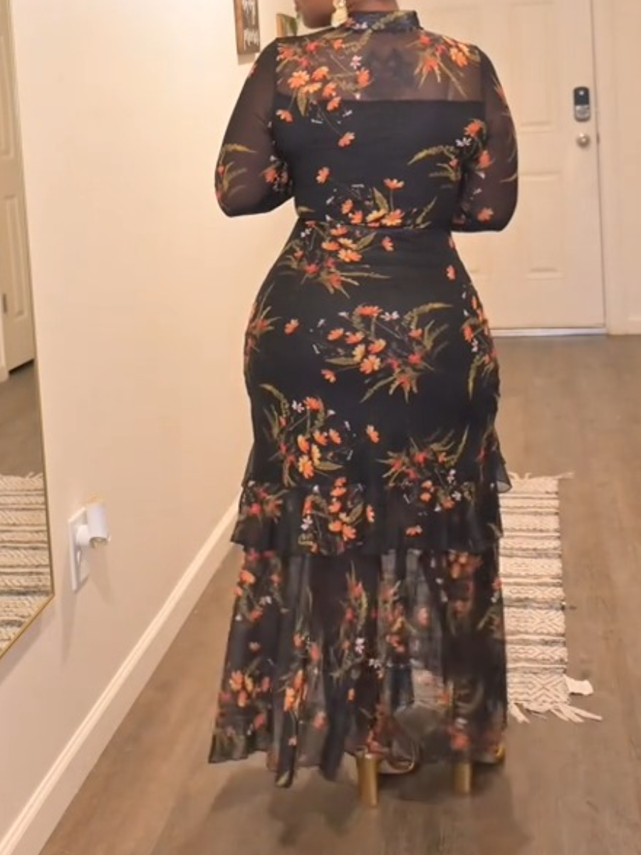 Floral Mesh Ruffle Maxi Dress
