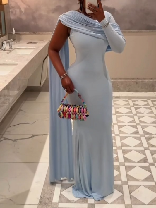 Asymmetric-Neck Maxi Dress With Gathered-Detailing And Sash
