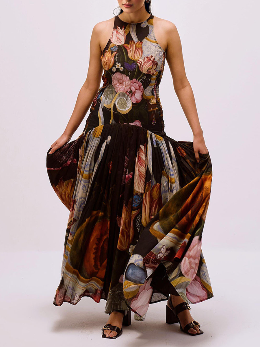 Exquisite Botanical Print Sleeveless Pleated Maxi Dress