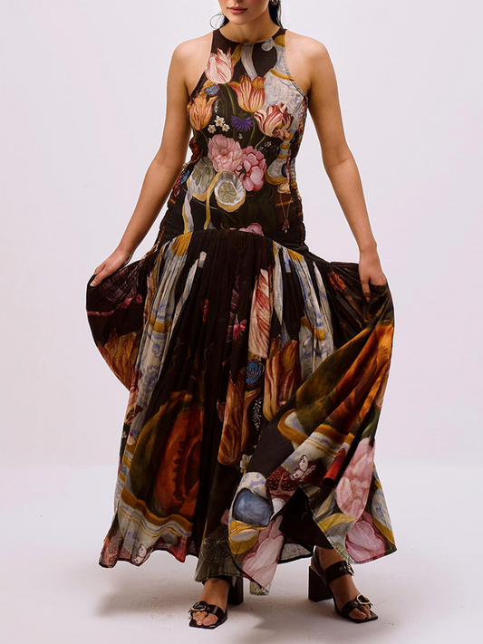 Exquisite Botanical Print Sleeveless Pleated Maxi Dress