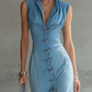 Button Front And Ruffled Hem Sleeveless Denim Dress