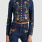 Embroidered Denim Military Jacket and Jeans Set