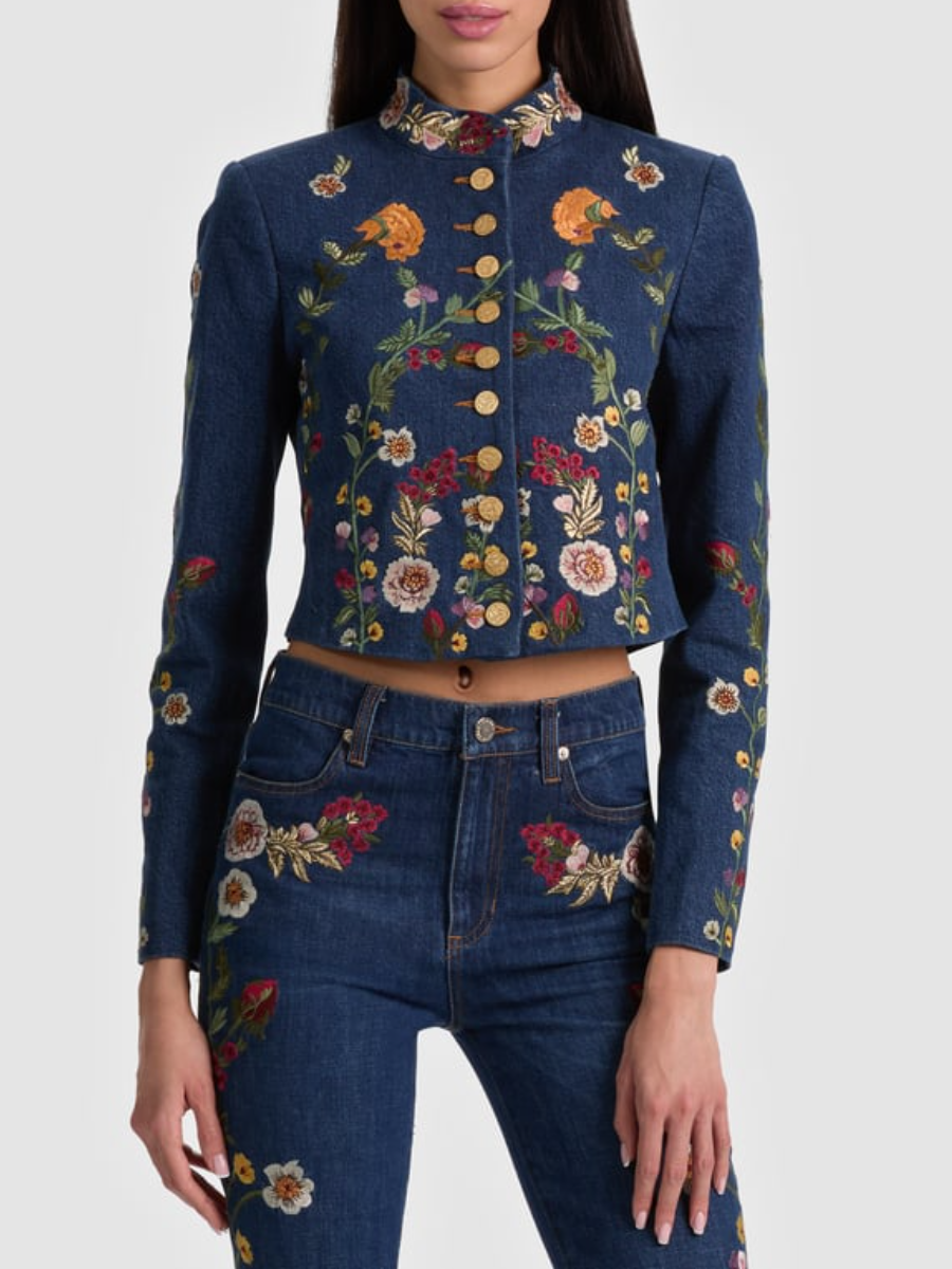 Embroidered Denim Military Jacket and Jeans Set