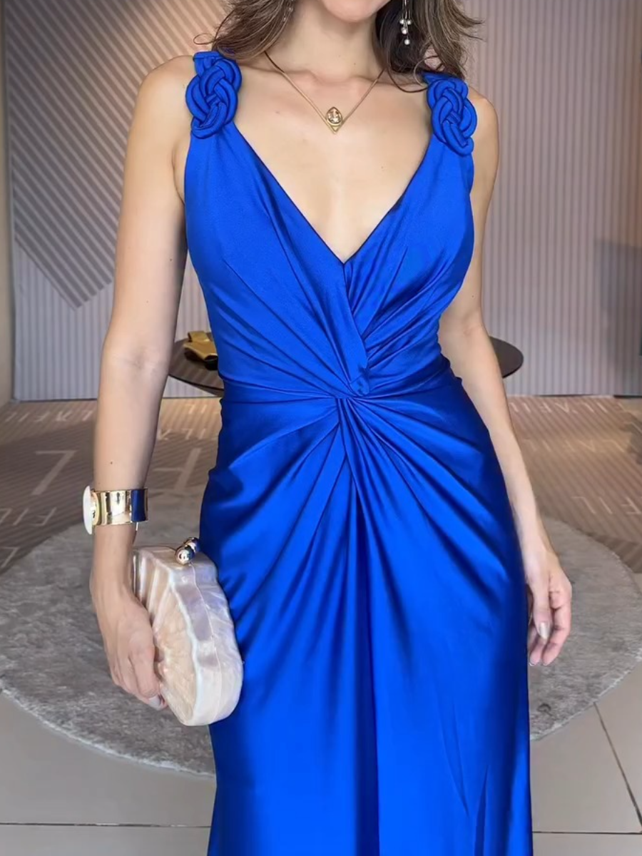 Royal Floral Strap Ruched Dress