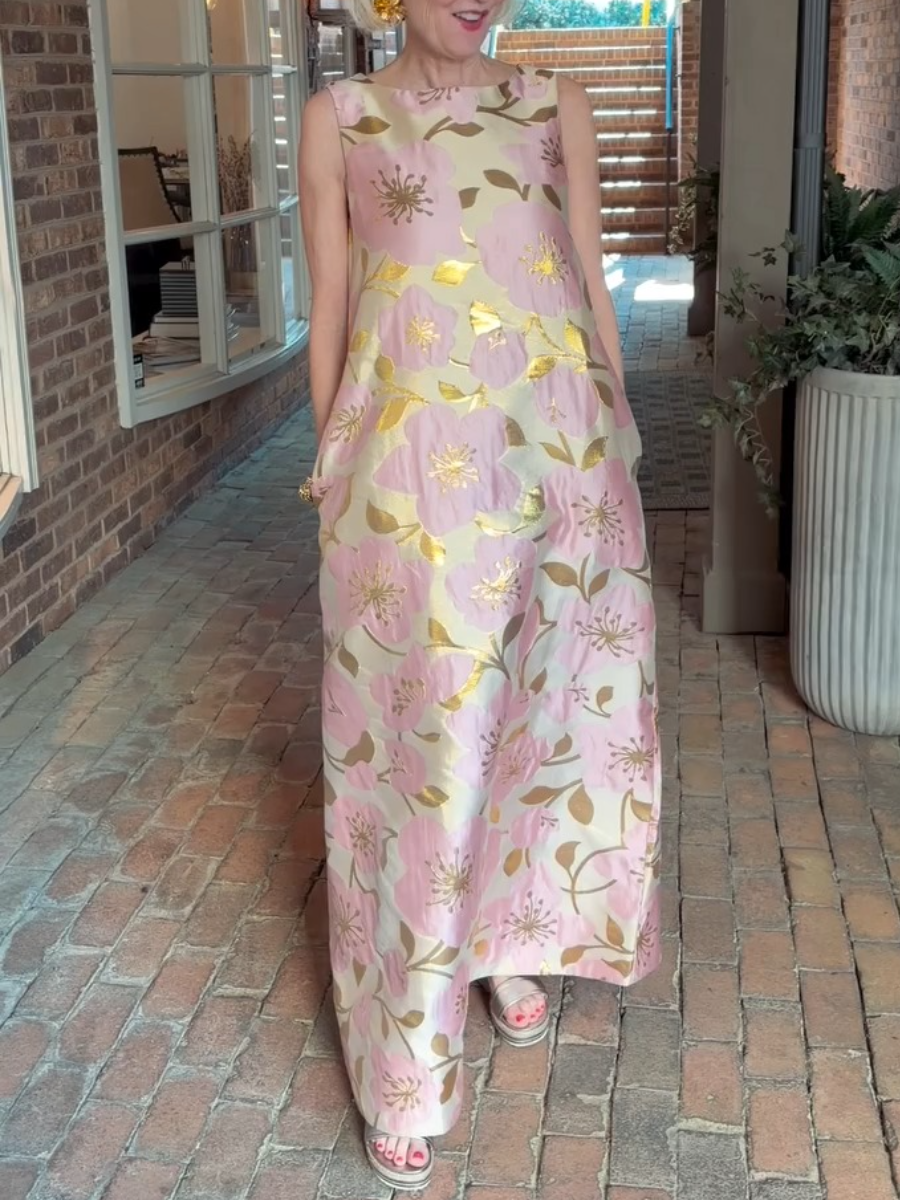 Elegant Pink & Gold Floral Print Maxi Dress