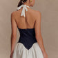 Blue Washed Denim Sleeveless High Neck Frayed Dress