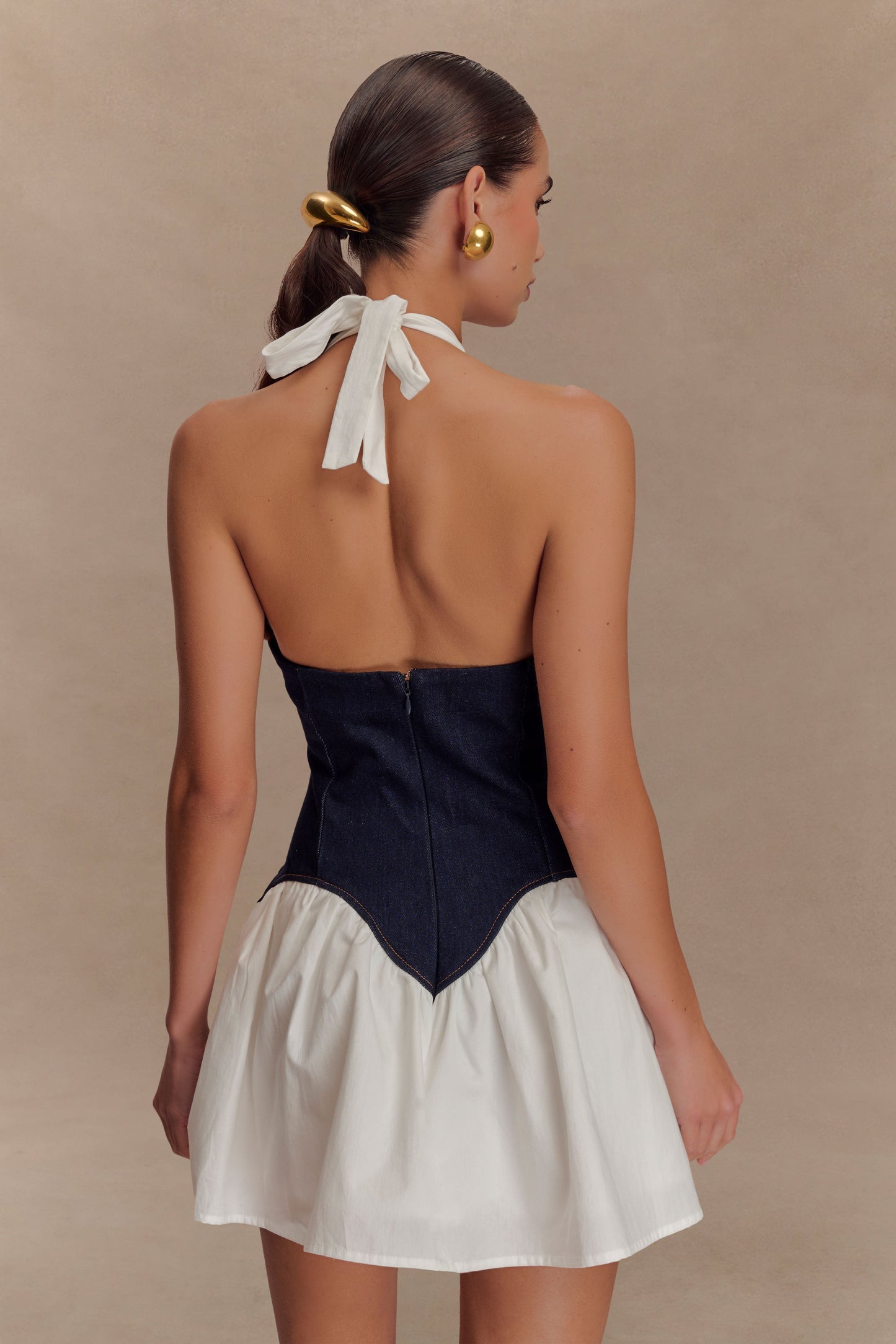 Blue Washed Denim Sleeveless High Neck Frayed Dress