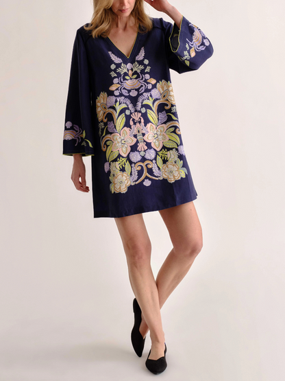 Coastal Floral Embroidered V-Neck Mini Dress with Bell Sleeves