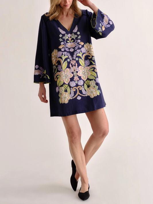 Coastal Floral Embroidered V-Neck Mini Dress with Bell Sleeves