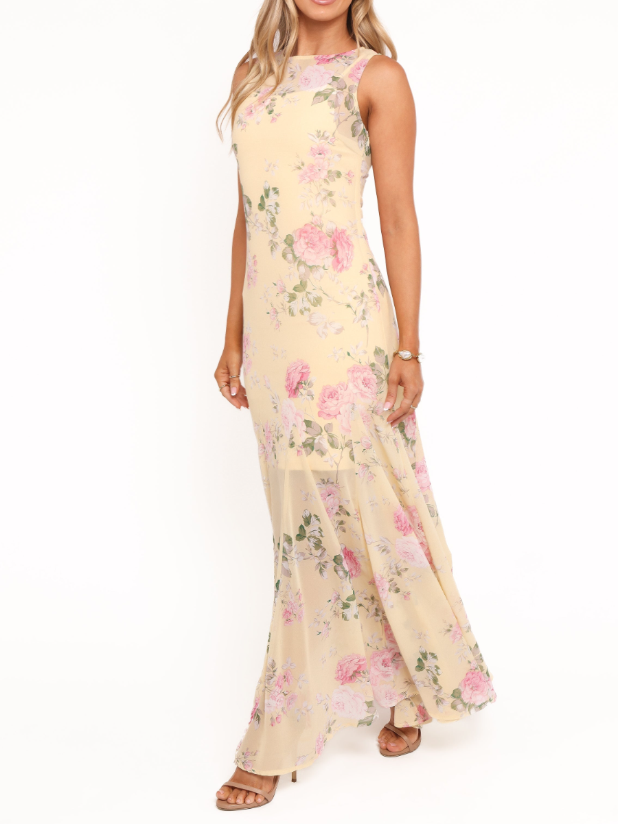 Yellow Floral Sleeveless Maxi Dress