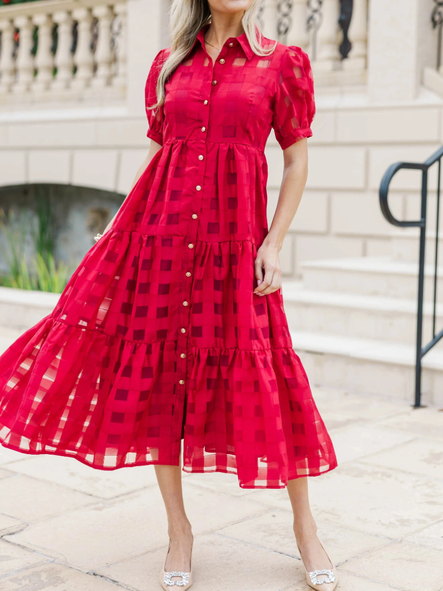 Grid Pattern Tiered Midi Shirtdress
