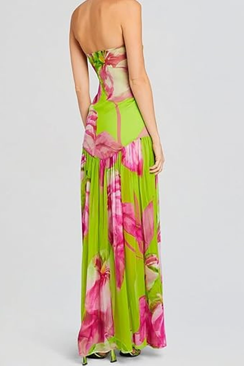 Side Slit Printed Sheer Strapless Dress