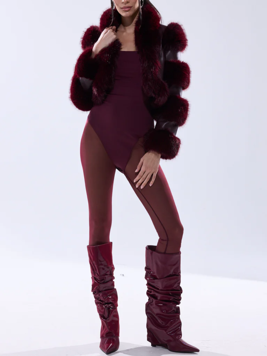 Burgundy Faux Fur Motorcycle Jacket
