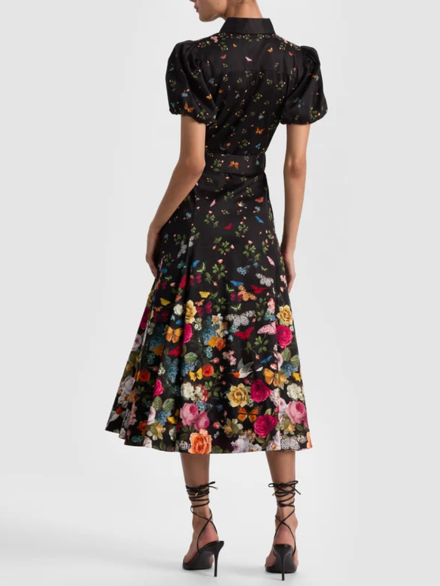 Midnight Garden Puff Sleeve Belted Midi Shirt Dress