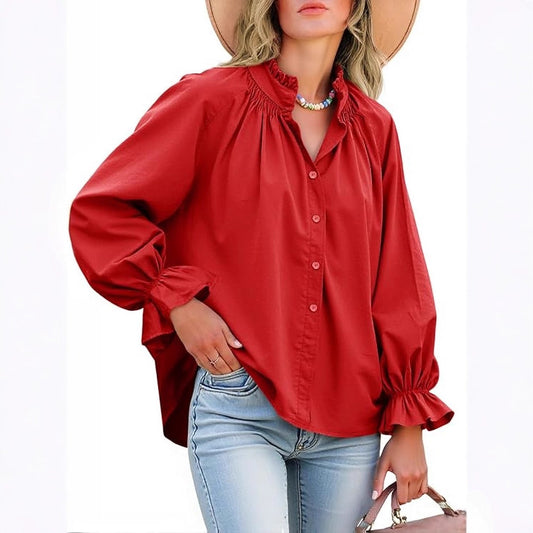 Puff Long Sleeve Button Ruffle Tops