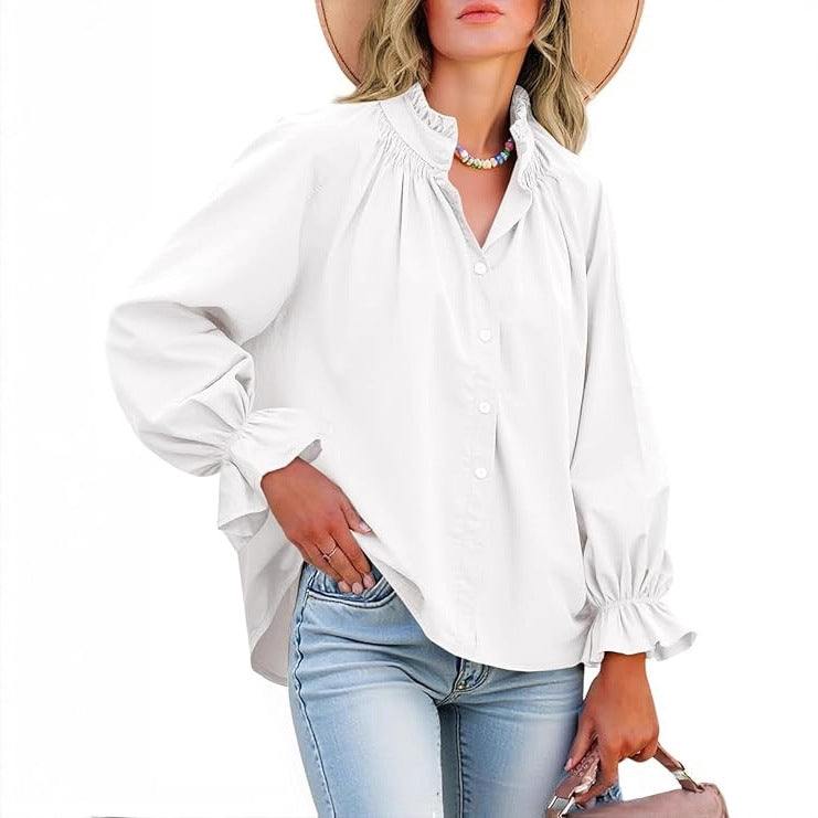 Puff Long Sleeve Button Ruffle Tops