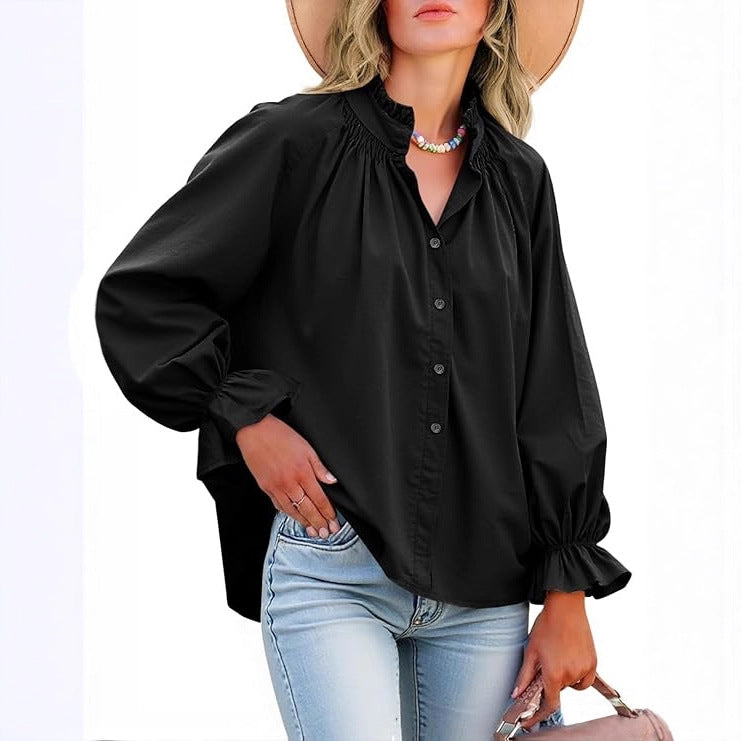 Puff Long Sleeve Button Ruffle Tops