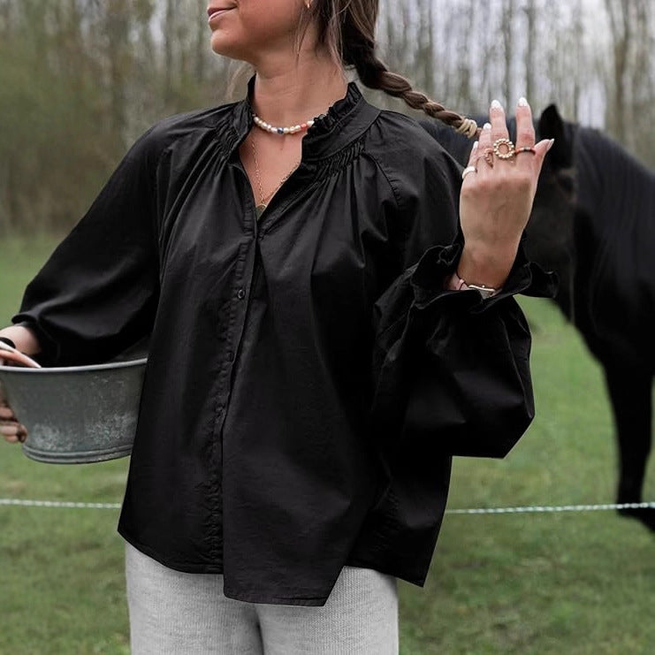 Puff Long Sleeve Button Ruffle Tops