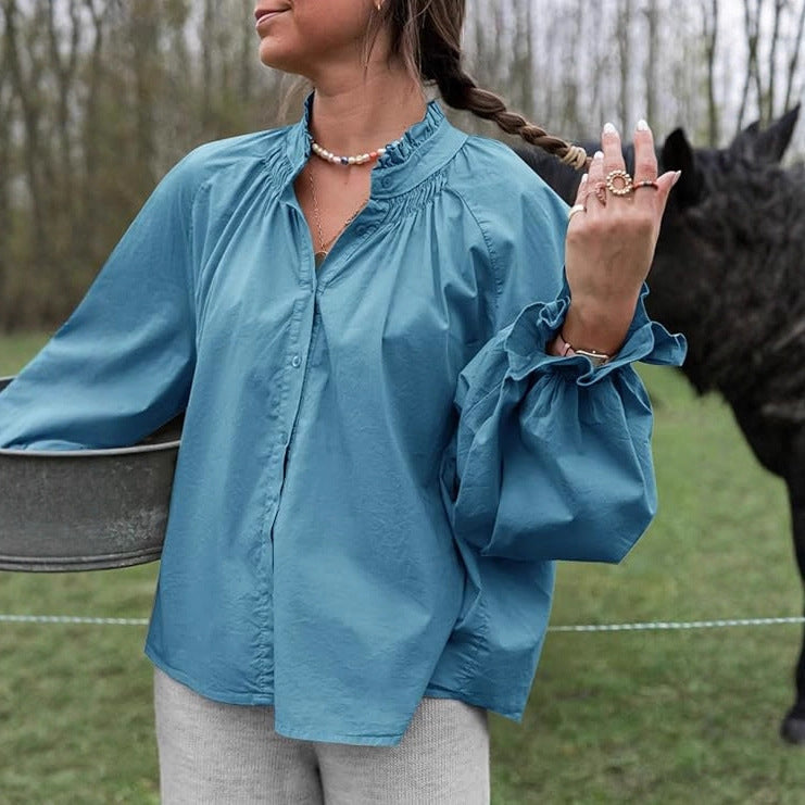 Puff Long Sleeve Button Ruffle Tops
