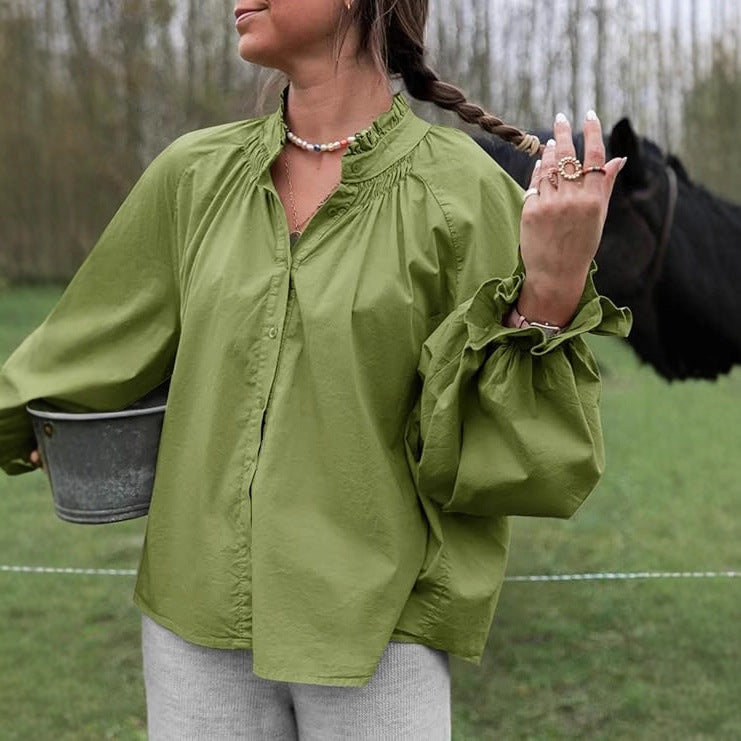 Puff Long Sleeve Button Ruffle Tops