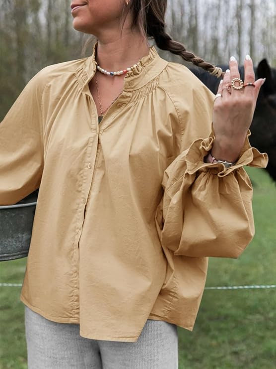 Puff Long Sleeve Button Ruffle Tops