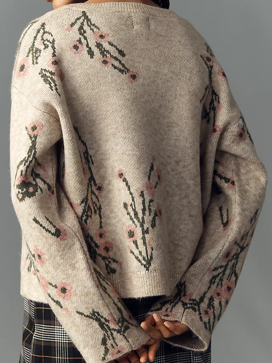 Crew-Neck Floral Cardigan Sweater