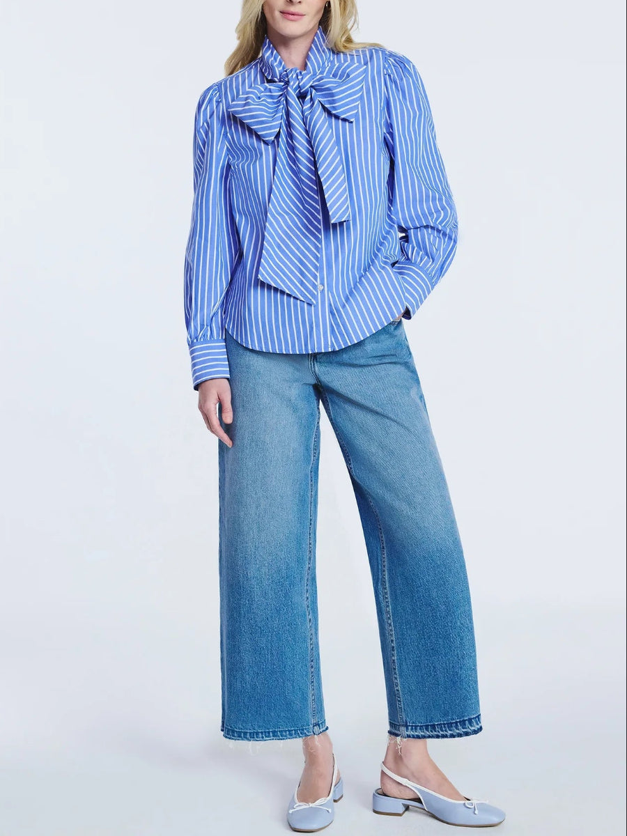 Women's Cotton Puff Sleeves Tie Neck Blouse