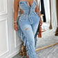 Fashion Cut-out Fringed Denim Jumpsuit