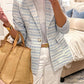 Elegant Pearl Button Woven Tweed Blazer