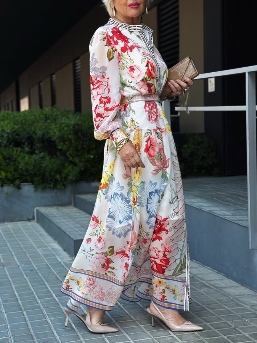 Long Sleeve Collared Floral Print Belted Maxi Dress