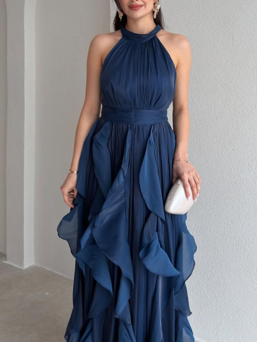 Halter Neck Ruffle Chiffon Maxi Dress