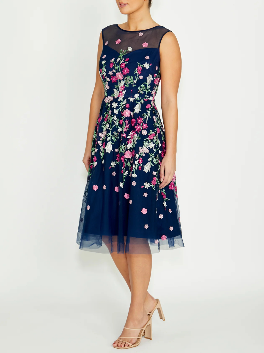 Navy Floral Embroidered Tulle Midi Dress