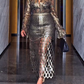 Elegant V-Neck Metallic Lace Formal Maxi Dress