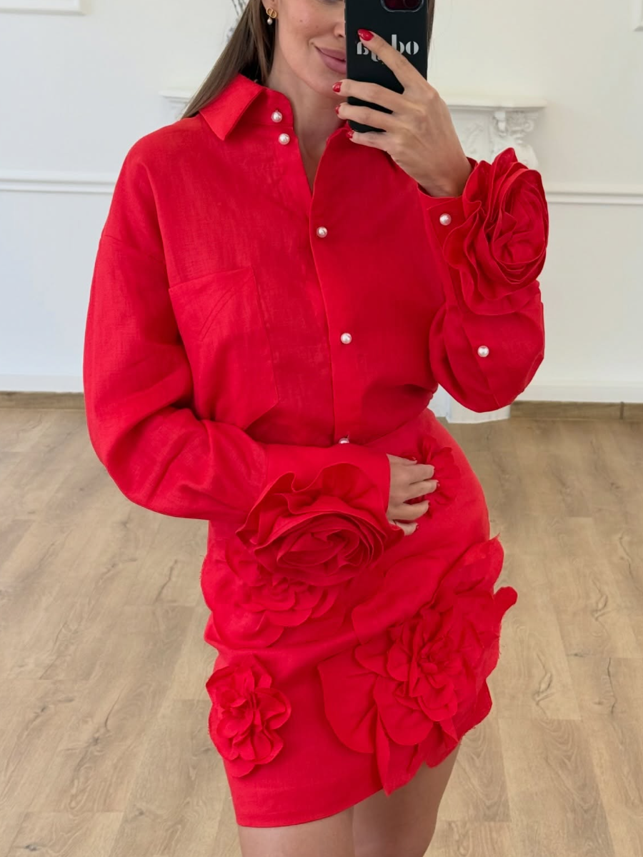 3D Rose Shirt & Skirt Two-Piece Set