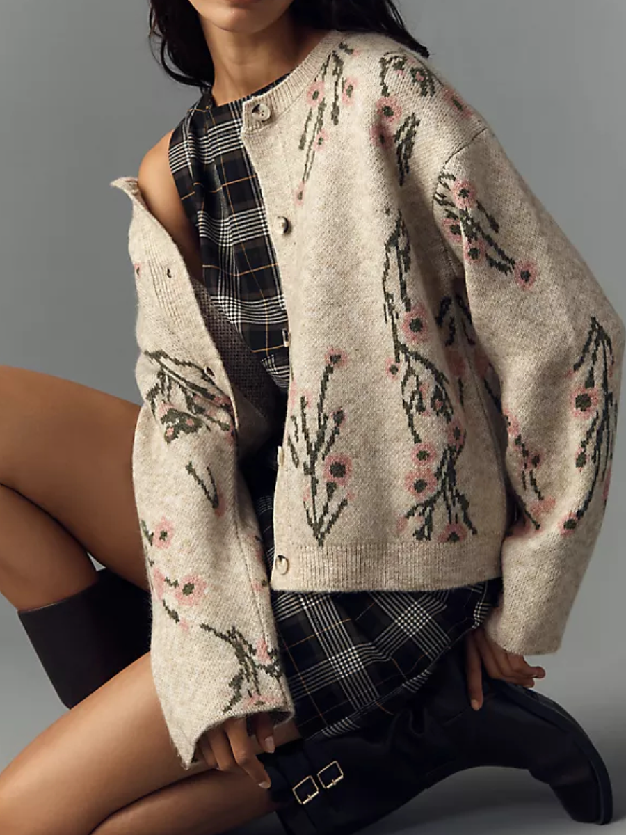 Crew-Neck Floral Cardigan Sweater