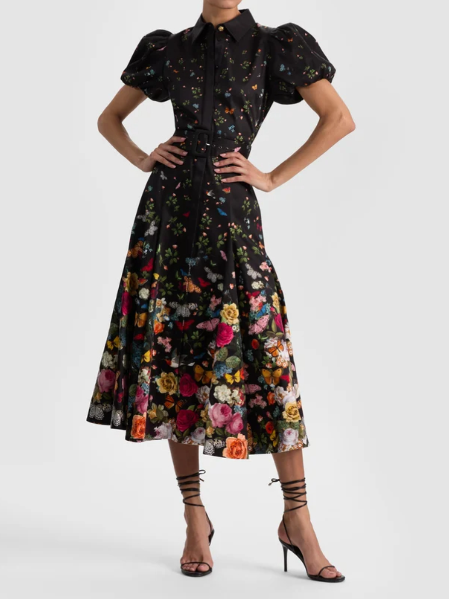 Midnight Garden Puff Sleeve Belted Midi Shirt Dress