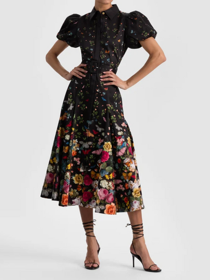 Midnight Garden Puff Sleeve Belted Midi Shirt Dress