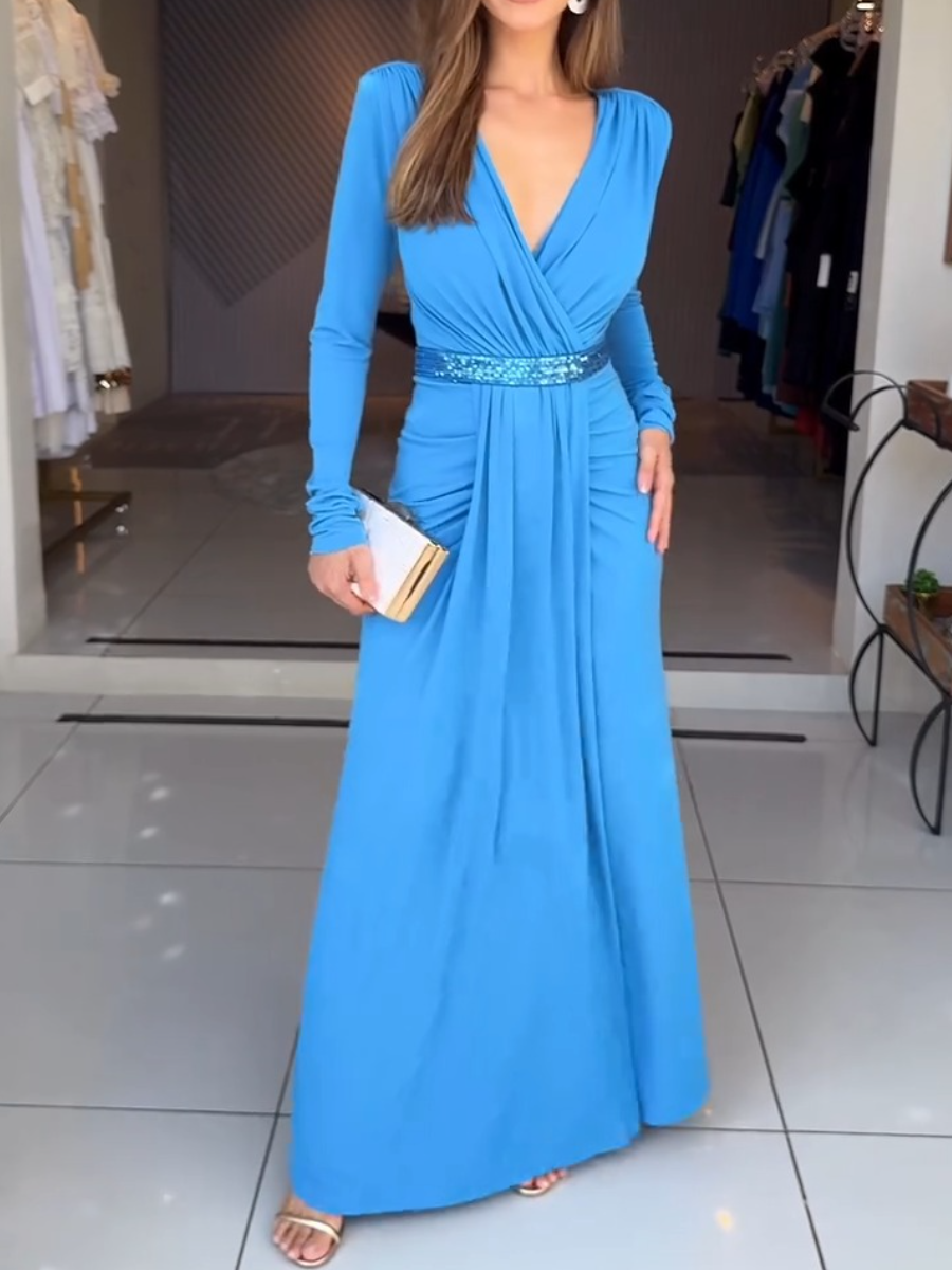Elegant Azure Deep V-Neck Long Sleeve Evening Gown