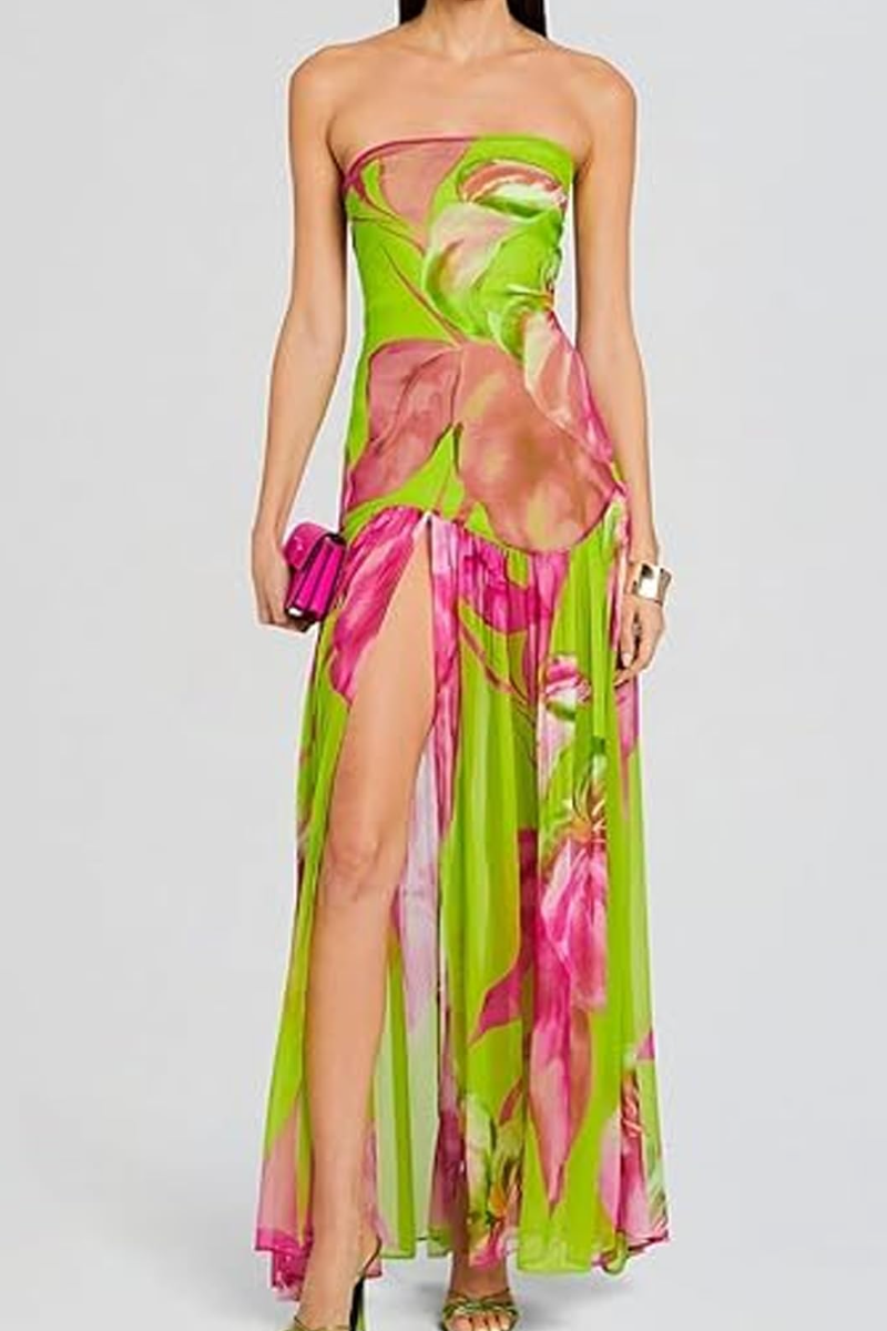 Side Slit Printed Sheer Strapless Dress