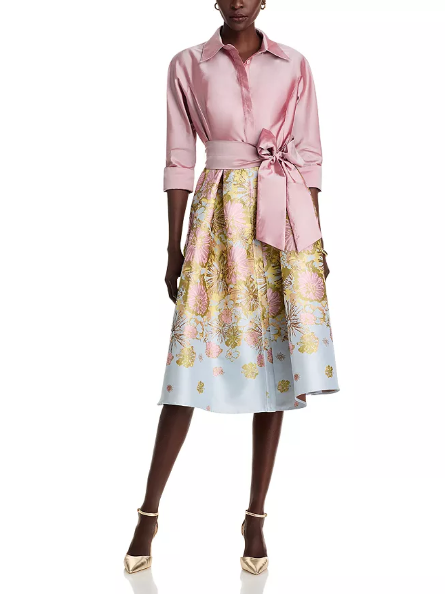 Mixed Media Floral Jacquard Shirt Dress