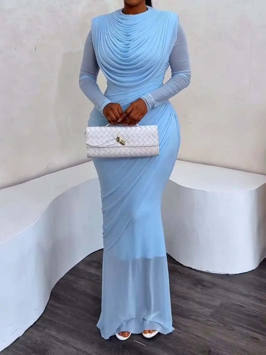 Elegant Draped Mesh Bodycon Maxi Dress